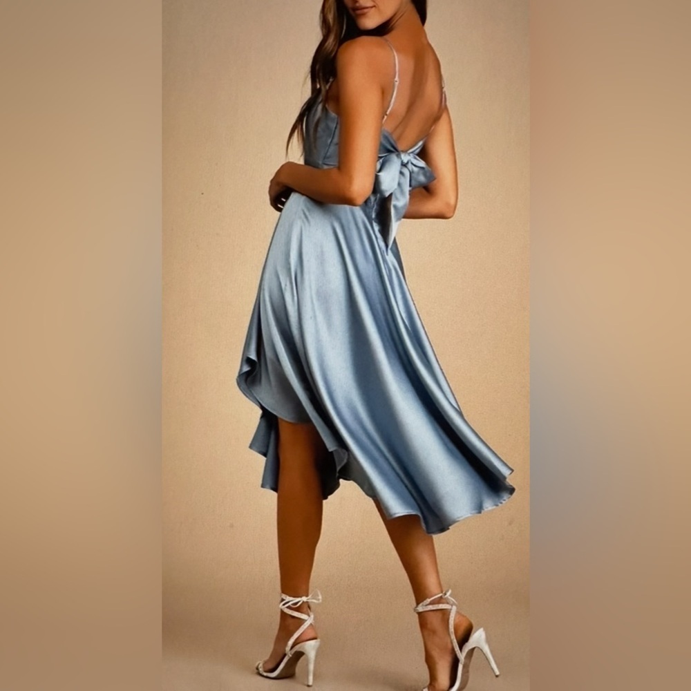 Days Like Today Blue Satin Asymmetrical Tie Back MIDI Dress. - Picture 4 of 6
